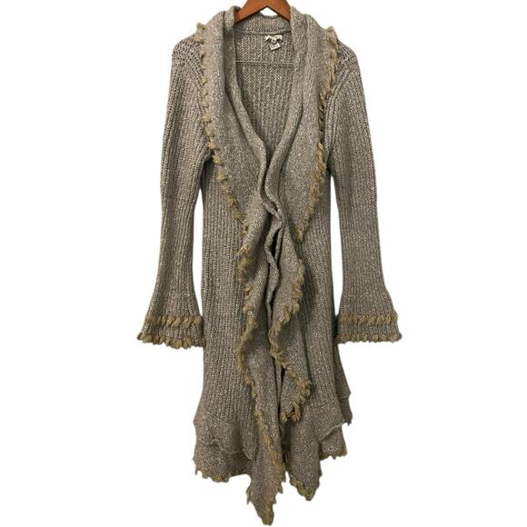 Escio Anthropologie Long Cardigan Sweater Medium Wool Blend Ruffle Fringe Boho - Picture 1 of 10